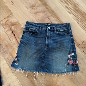 Express blue Jean frayed mini skirt with embroidered flowers